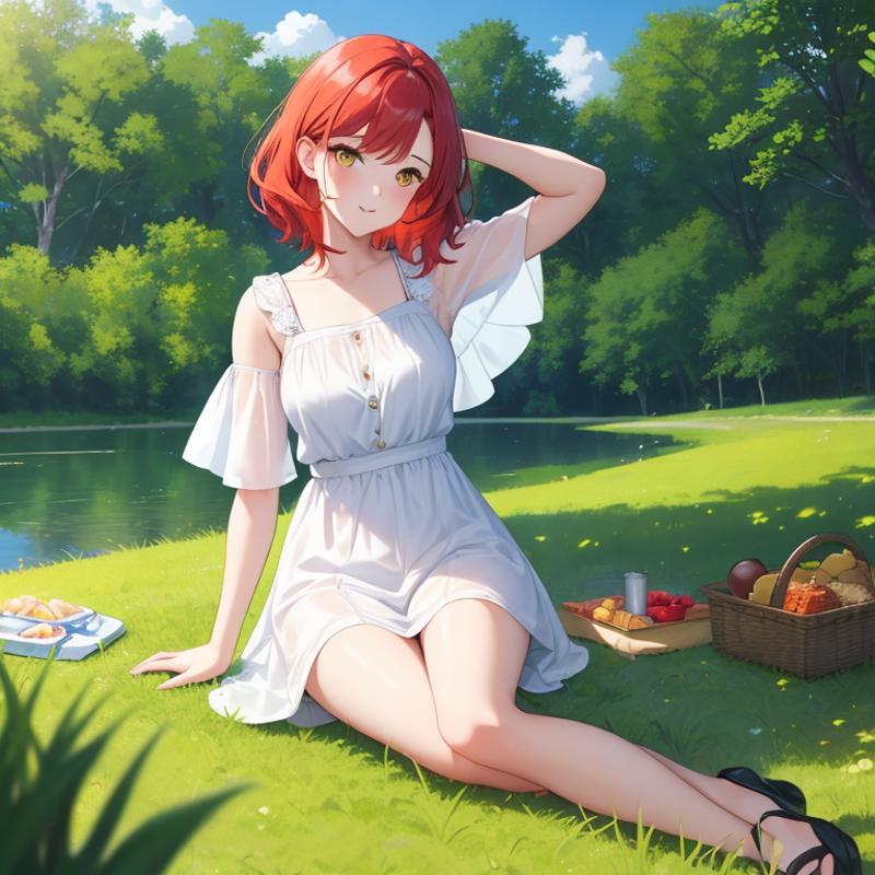 00150-2299588985-1Girl, mature, American, redhead, medium hair, yellow eyes, sitting on a picnic blanket near a lake, elegant summer dress, happy.png